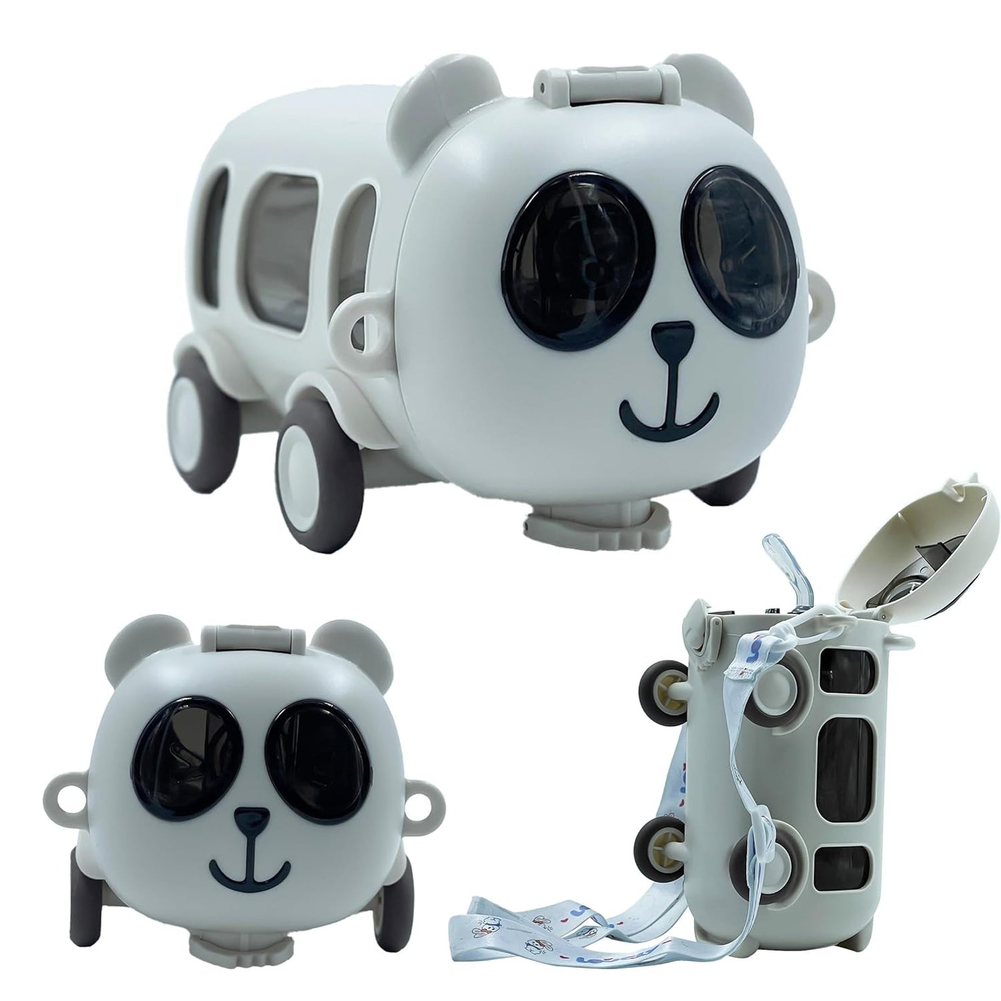 Cute Panda Bus Shaped Water Bottle for Kids – 380ml with Straw & Strap