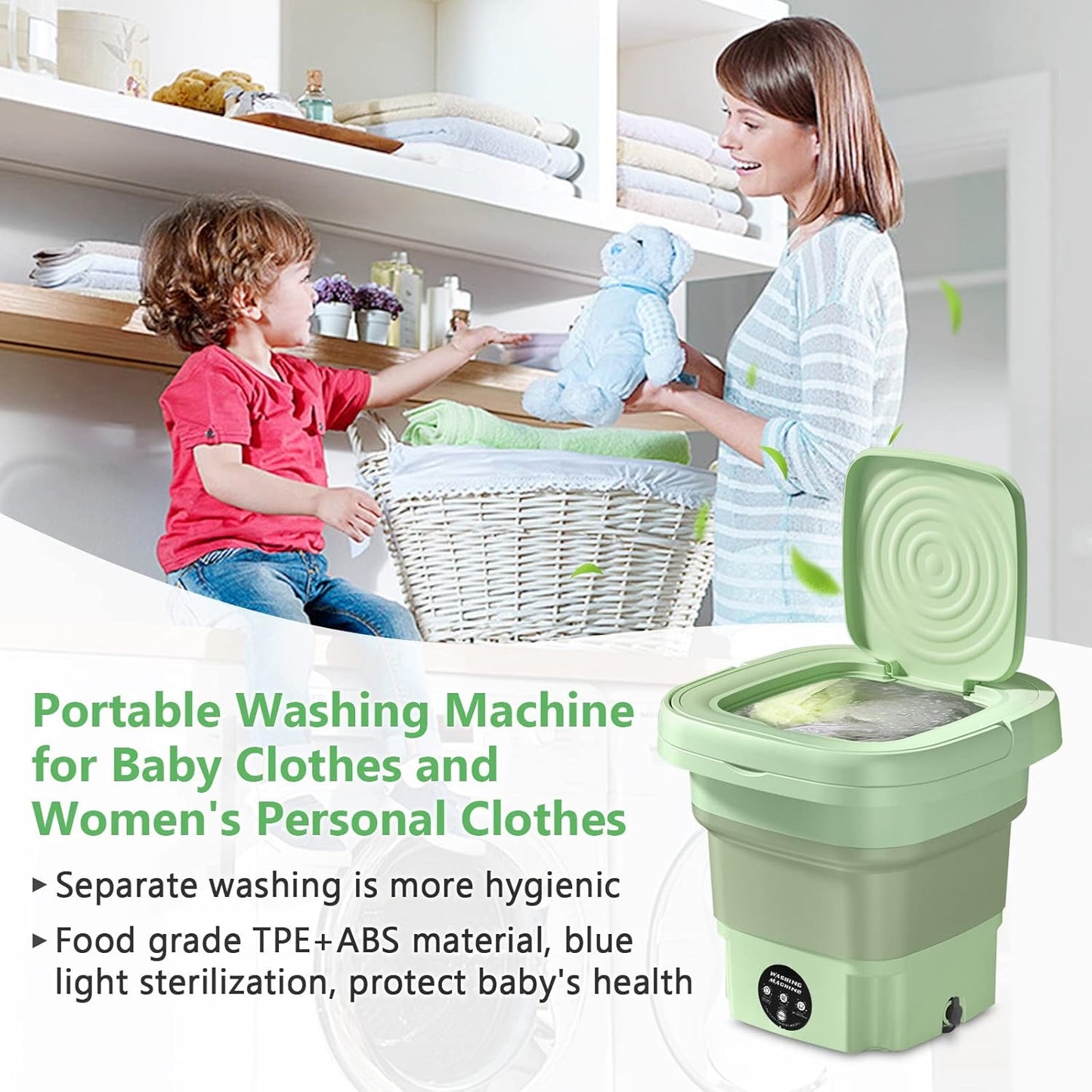 Portable Washing Machine, Automatic Mini Foldable Bucket Washer with Drainage Pipe for Underwear, Baby Clothes, Towels, Socks, 11L Large Capacity for RV Camping Travel Apartment