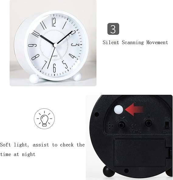 Analog 4 Inch Round Alarm Clock Non Ticking, Battery Operated & Light Function, Super Silent Alarm Clock, Simple Stylish Design for Desk/Bedroom