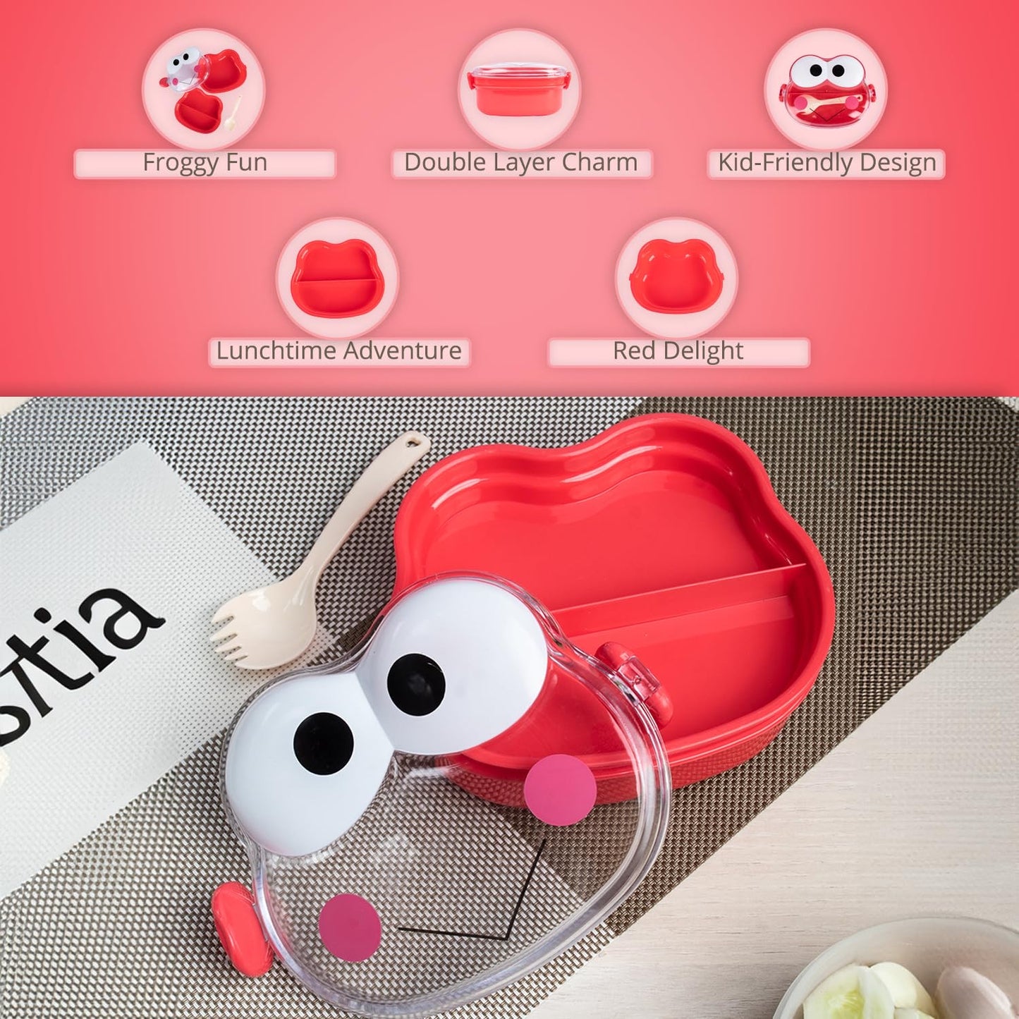 Double Layer Frog Shape Lunch Box for Kids with Spoon, Red, Plastic, 1.2 Liters | Leak Proof Kids Lunch Box/Nasta Dibba/ Tiffin Box for School Children, Food Grade Plastic, with Spoon