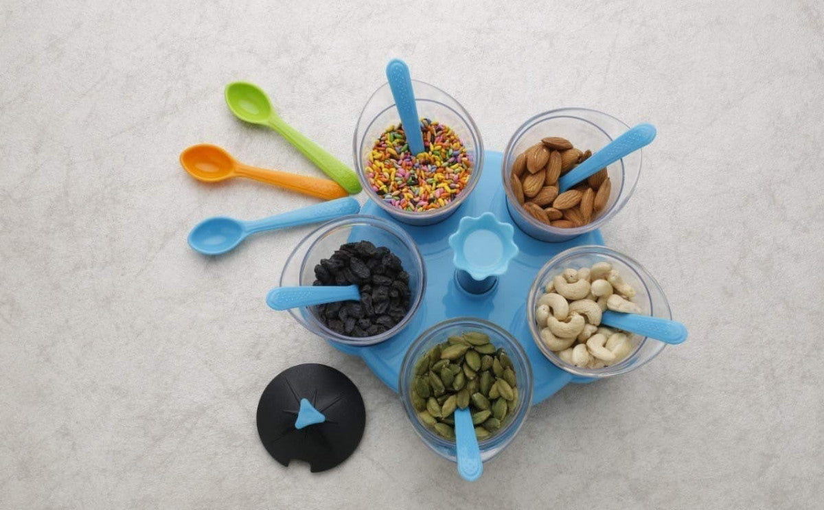 MULTI PURPOSE DINING SET OF 5 – 360° Revolving Spice Rack | Unbreakable | With Tray & Spoons