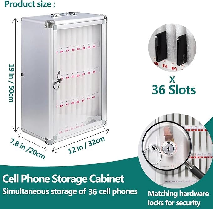 Cell Phones Storage Cabinet 36 Slots Aluminum Alloy Cell Phones Holder Storage Box Mobile Desktop Organizer Wall-Mounted Pocket Chart Locker Box with a Lock