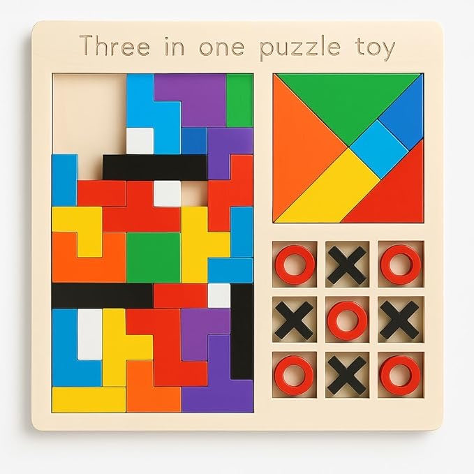 3 in 1 Wooden Puzzle Toy for Kids Tetris Blocks Tangram Shapes Tic-Tac-Toe Educational
Montessori Toy Boys Girls 3+
Ages