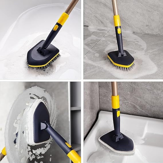 3-in-1 Cleaning Set | Long Handle Flexible Duster, Bristles, Microfiber & Scrubber for Tiles, Bathroom, Windows - 58.2” Extendable Pole, Detachable Heads