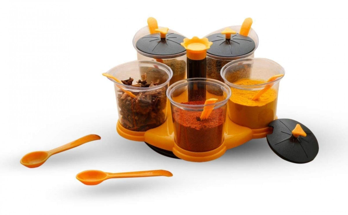MULTI PURPOSE DINING SET OF 5 – 360° Revolving Spice Rack | Unbreakable | With Tray & Spoons