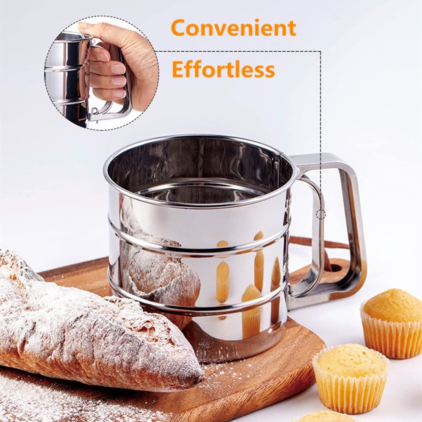 Stainless Steel Flour Sifter – Double-Layer Baking Sieve | One-Hand Press | Rust-Proof, Dishwasher Safe (250ml)