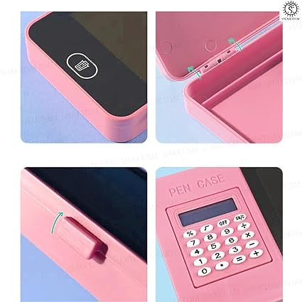 LCD Writing Tablet Pencil Box with Calculator, Drawing Board Case with Erase Button and Calculator, Magic Storage for Stationery