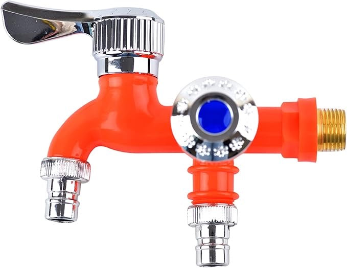 Multi-Functional Dual Water Tap Faucet with 2 Valve for Flushing Connected to an Automatic Washing Machine, Bathroom & Outdoor Garden Hose Cold Tap - Multicolour