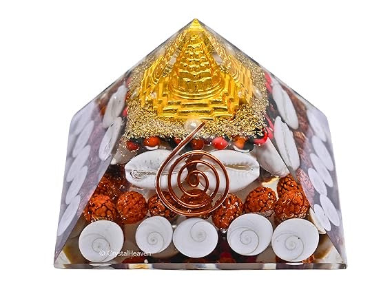 Crystal Laxmi Pyramid with Rudraksha Shree Yantra Natural Gomati Chakra White Kauri and Ratti Seeds for Vastu Money Wealth Good Luck, Success & Prosperity