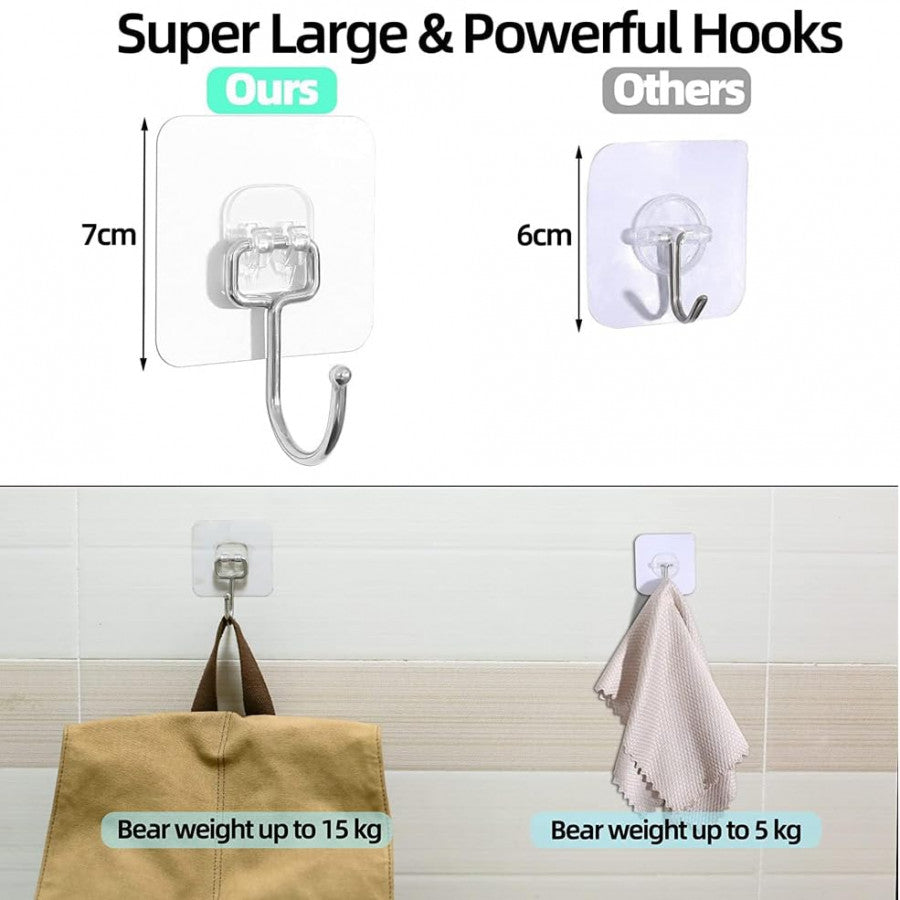 Transparent Large Adhesive Wall Hooks Hanger – Pack of 10, Heavy Duty & Reusable