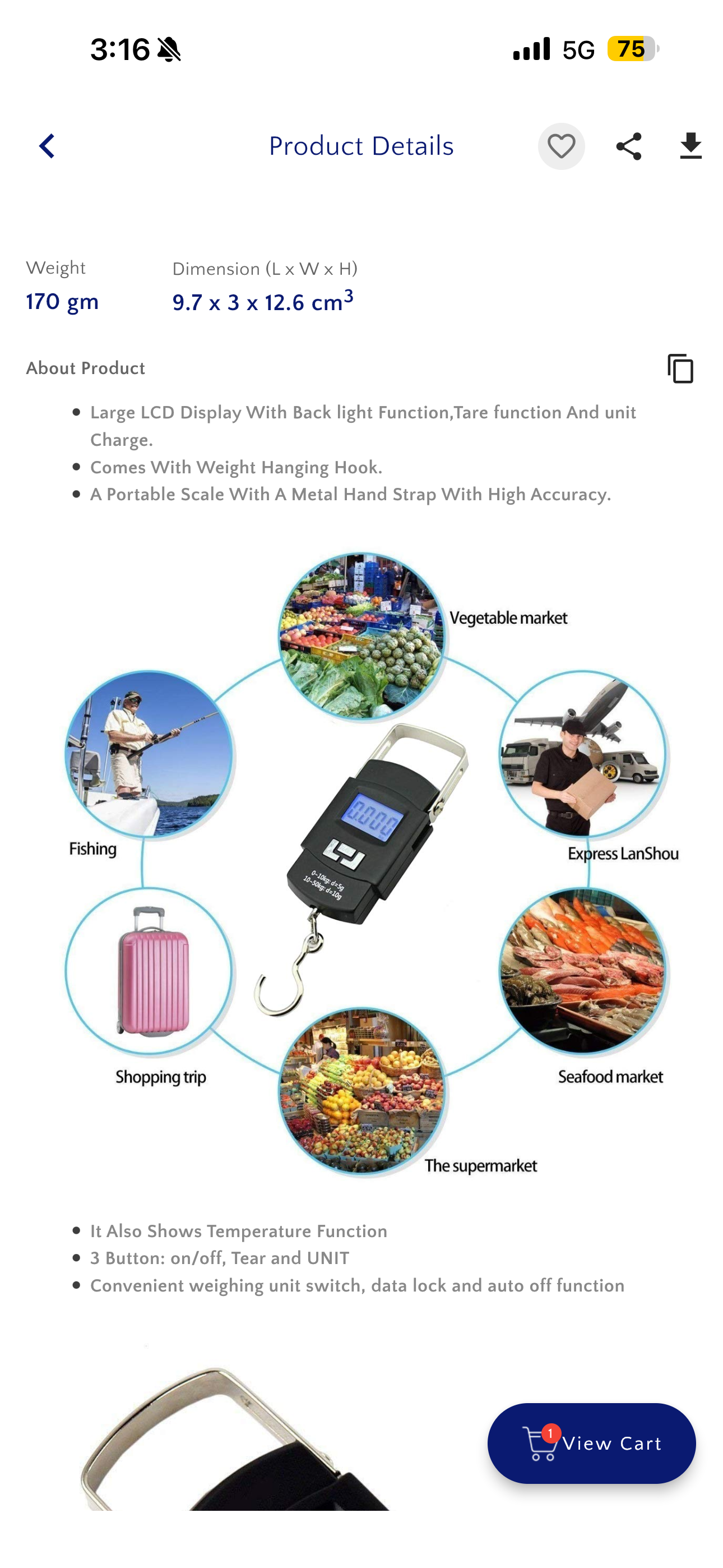 Digital Hook Scale – 50kg Capacity with LCD Display, Tare Function, Unit Conversion & Temperature Display