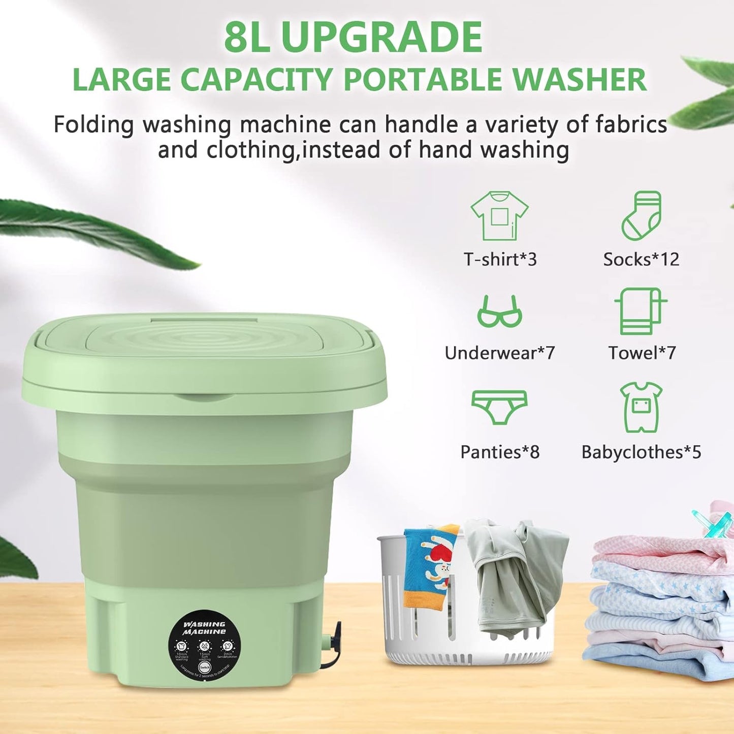 Portable Washing Machine, Automatic Mini Foldable Bucket Washer with Drainage Pipe for Underwear, Baby Clothes, Towels, Socks, 11L Large Capacity for RV Camping Travel Apartment