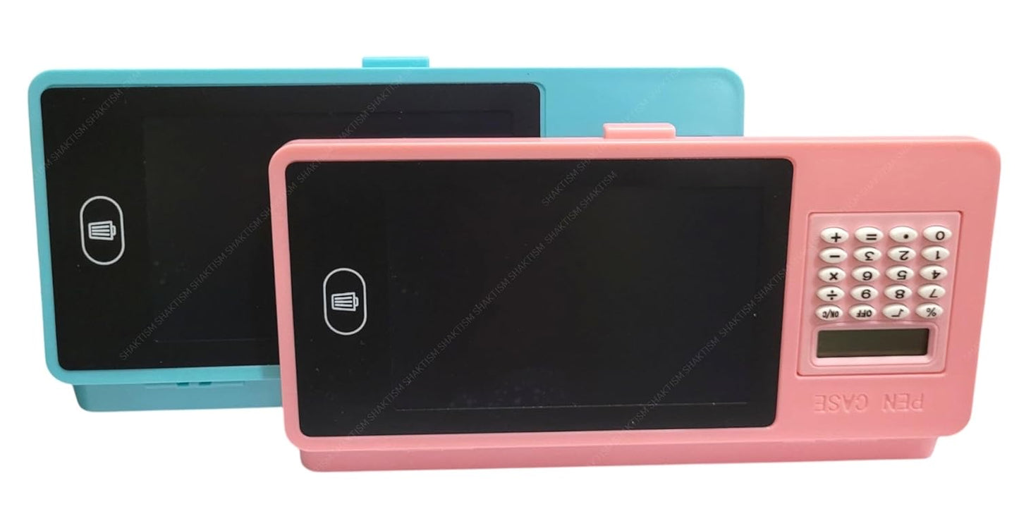 LCD Writing Tablet Pencil Box with Calculator, Drawing Board Case with Erase Button and Calculator, Magic Storage for Stationery