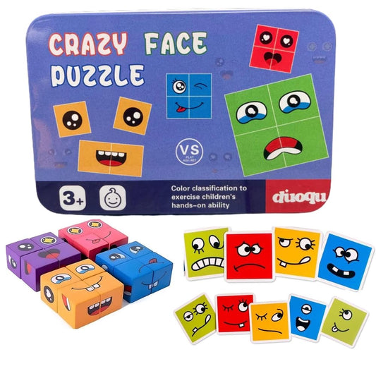 Kids Face Changing Magic Cube Puzzle for Kids, Rubik's Cube Face Expression Toy 16 Wooden Puzzles & 72 Playing Cards Expression Matching Emoji Educational Toy