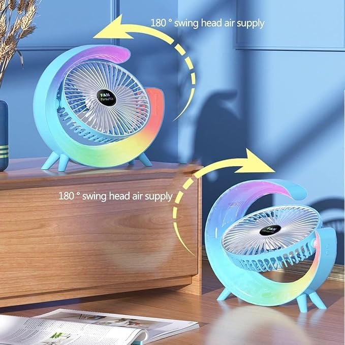 Colorful G-Shape Fan with LED Light – Quiet, Strong Wind, Rechargeable Mini Table & Desk Fan