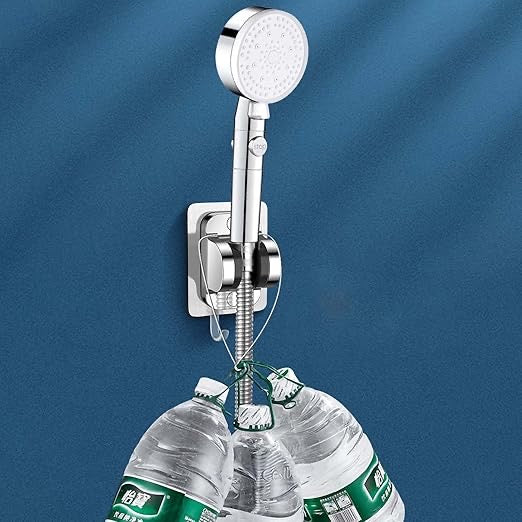 Heavy-Duty Adhesive Shower Head Holder | No-Drill Wall Mount | 90° Adjustable Angle & Built-In Hook | Universal Bathroom Fit
