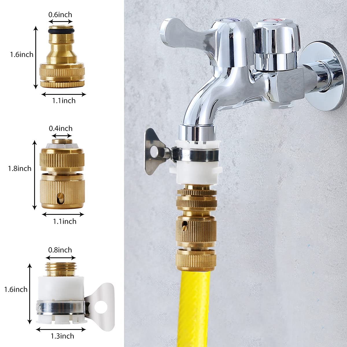 Tap Connector, Brass Pipe Connector for Tap, Garden Hose Quick Connectors, 1/2 & 3/4 Inch Faucet Adapter Tap Connector Sets for Garden Bathroom Kitchen Outdoors (Set of 4 pcs)