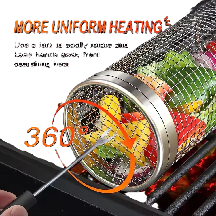 Stainless Steel BBQ Mesh Cage Vegetables Meat Metal Barbecue Net Round Cylinder Rolling Grilling Basket Outdoor Picnic Grill Mesh for Fish