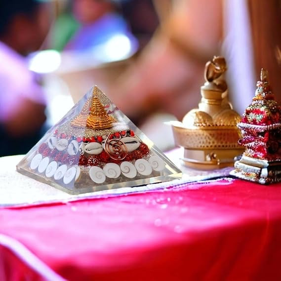 Crystal Laxmi Pyramid with Rudraksha Shree Yantra Natural Gomati Chakra White Kauri and Ratti Seeds for Vastu Money Wealth Good Luck, Success & Prosperity