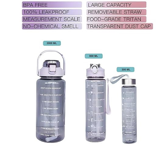 💧 Transparent Water Bottle Set – 3 Sizes (2L, 900ml, 300ml) | Motivational & Leakproof | BPA-Free