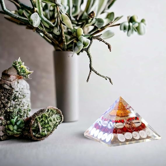 Crystal Laxmi Pyramid with Rudraksha Shree Yantra Natural Gomati Chakra White Kauri and Ratti Seeds for Vastu Money Wealth Good Luck, Success & Prosperity