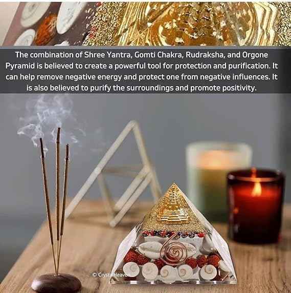 Crystal Laxmi Pyramid with Rudraksha Shree Yantra Natural Gomati Chakra White Kauri and Ratti Seeds for Vastu Money Wealth Good Luck, Success & Prosperity