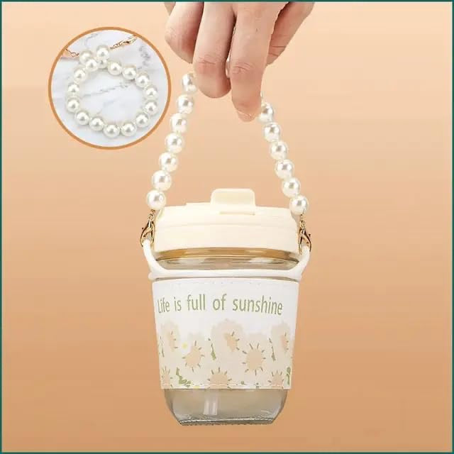 White Pearl Glass Coffee Mugs with Pearl Chain Belt & Sleeve, Reusable Travel Sipper with Double Drink Straw and Lids, MOTI Mug Tumbler for Juice Smoothies Milk Cups White Pearl Moti Mug Glass Coffee Mugs with Pearl Chain Belt & Sleeve