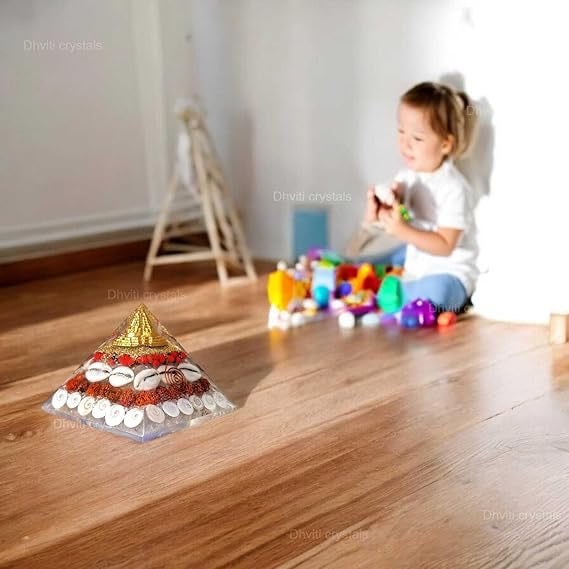 Crystal Laxmi Pyramid with Rudraksha Shree Yantra Natural Gomati Chakra White Kauri and Ratti Seeds for Vastu Money Wealth Good Luck, Success & Prosperity