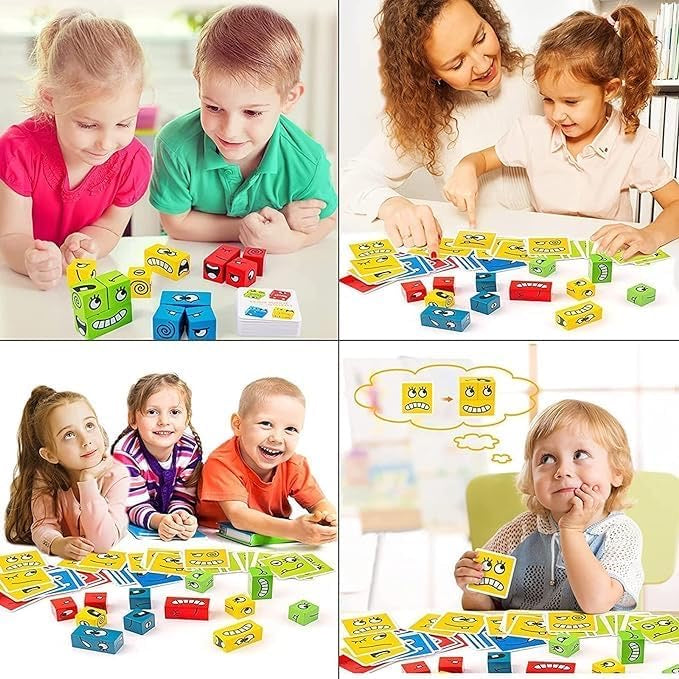 Kids Face Changing Magic Cube Puzzle for Kids, Rubik's Cube Face Expression Toy 16 Wooden Puzzles & 72 Playing Cards Expression Matching Emoji Educational Toy