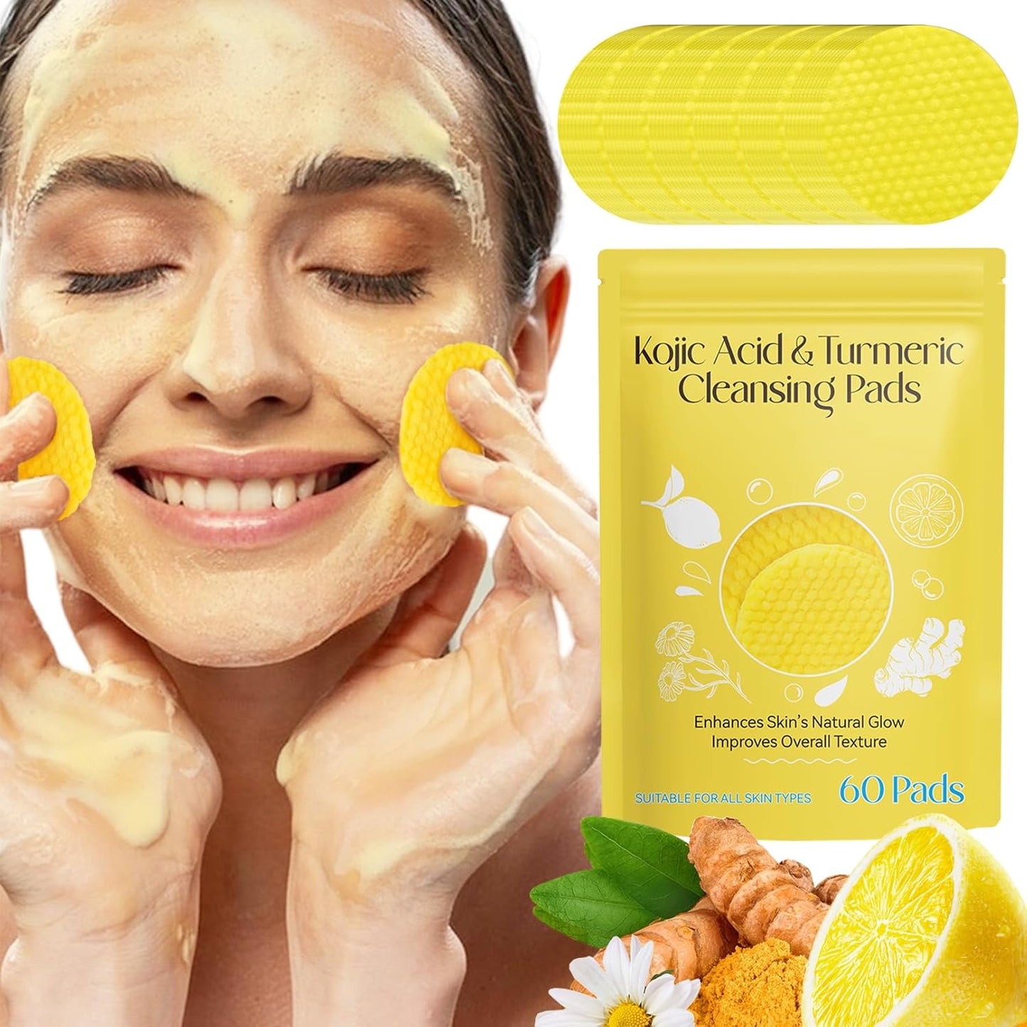 Turmeric Kojic Acid Cleansing Pads – 60 Pcs | Brightening & Exfoliating Wipes for Face & Body | Deep Pore Cleanser for All Skin Types