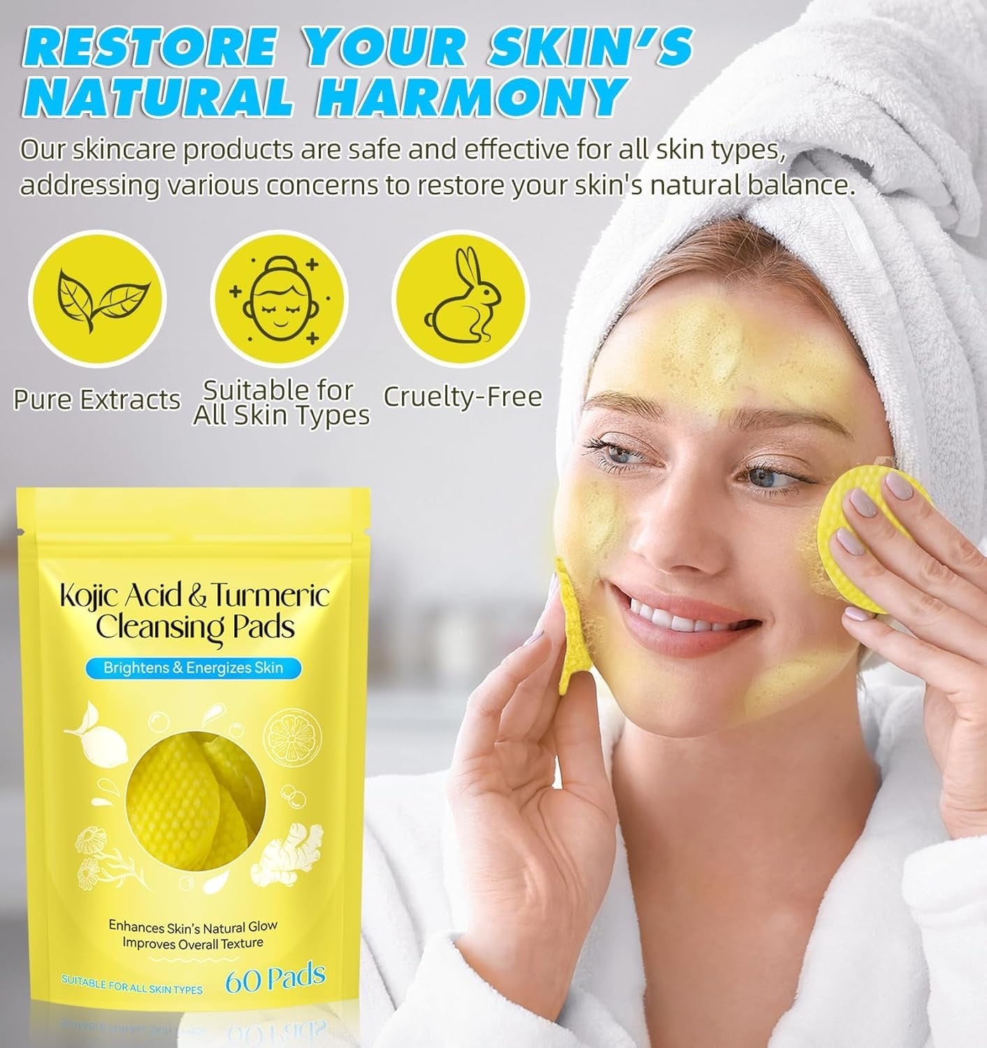 Turmeric Kojic Acid Cleansing Pads – 60 Pcs | Brightening & Exfoliating Wipes for Face & Body | Deep Pore Cleanser for All Skin Types