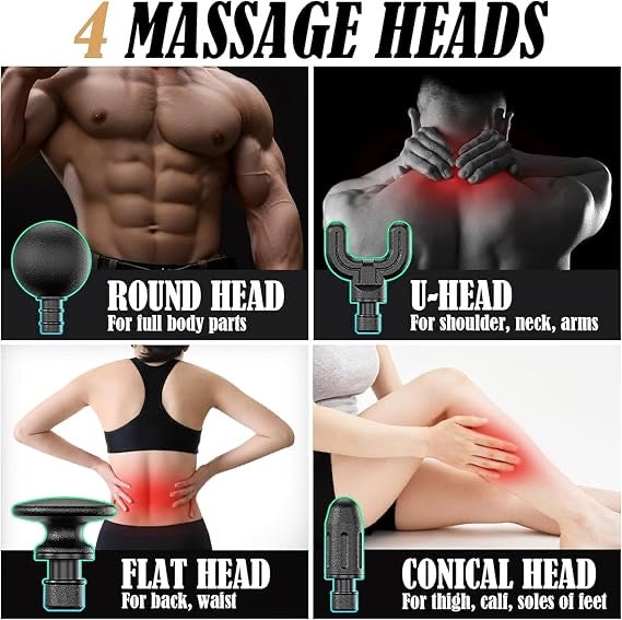 Deep Tissue Massage Gun with Extended Handle – 5 Speed Percussion Massager | 4 Heads for Full Body, Neck, Back & Leg Pain Relief | Rechargeable & Ergonomic Design