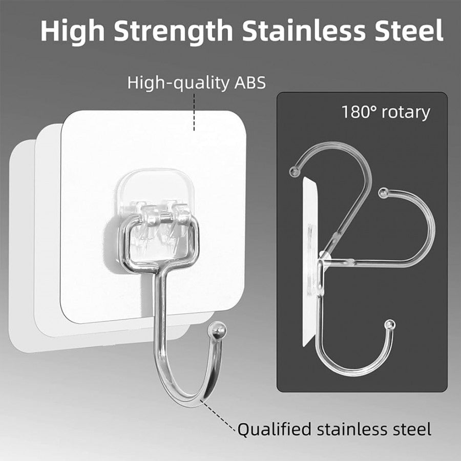 Transparent Large Adhesive Wall Hooks Hanger – Pack of 10, Heavy Duty & Reusable