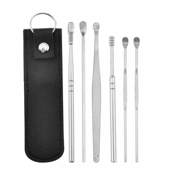 PU Leather Ear Wax Removal Kit – 6-Piece Stainless Steel Ear Cleaner Set with Travel Case