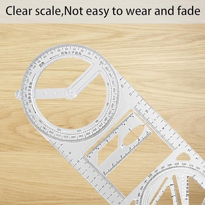 Multifunctional Geometric Drawing Ruler – Transparent Math & Design Tool with Protractor, Circle Templates & Stencils