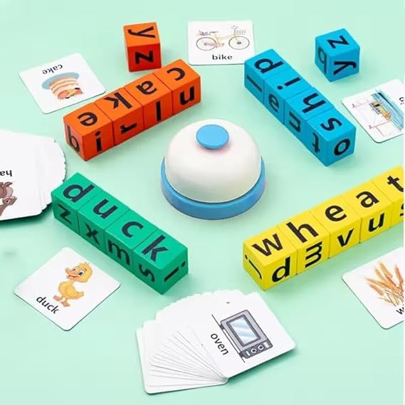 Educational Wooden Alphabet Spelling Game, 20
Wooden Alphabets Cubes, 64 Flashcards, Letter Blocks and Bell, Learning Toy for Children 3+ Years