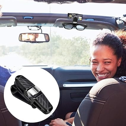 Car Sunglass Holder Clip | 180° Rotating Sun Visor Eyeglasses Storage Mount with Card Ticket Clip | Universal Fit for All Cars – Black & Silver