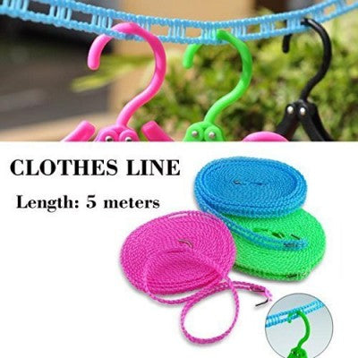 Windproof Nylon Clothes Drying Line – 5 Meter Adjustable Rope with Hooks for Home, Travel & Camping (Random Color - Pack of 2)