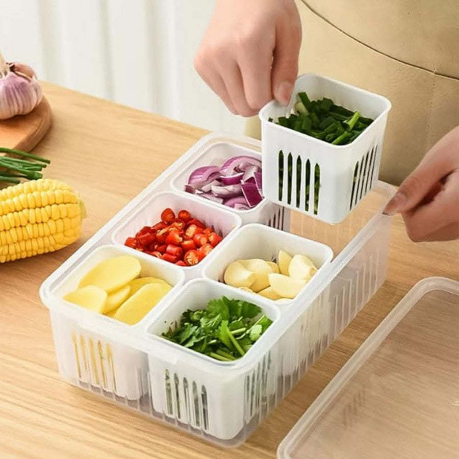 6-Grid Fridge Storage Container – Stackable Food Organizer with Drain Plate
