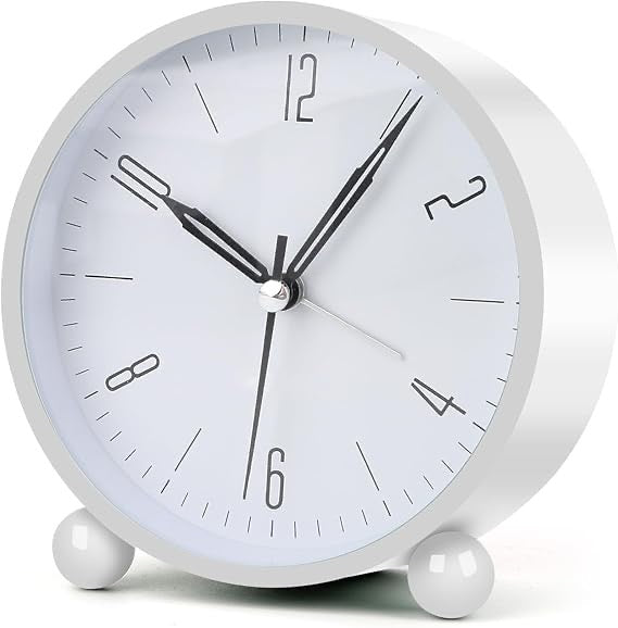Analog 4 Inch Round Alarm Clock Non Ticking, Battery Operated & Light Function, Super Silent Alarm Clock, Simple Stylish Design for Desk/Bedroom