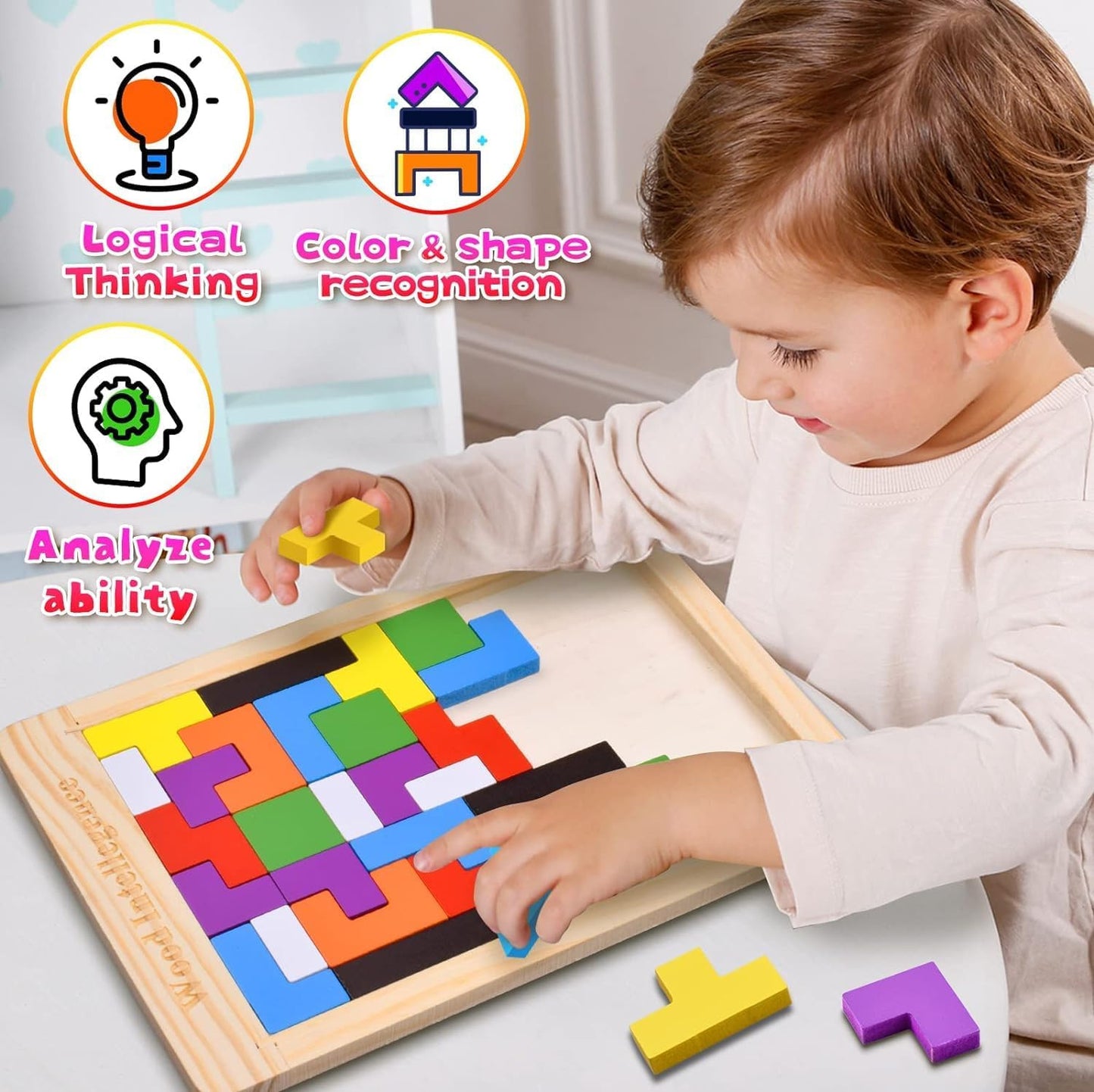 WOODEN INTELLIGENCE PUZZLE – Educational Wooden Pattern Blocks for Kids (3+)