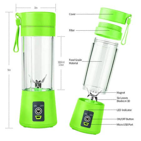 Portable USB Juice Blender Bottle – 4 Blade Rechargeable Juicer Cup with Power Bank (Travel Friendly)