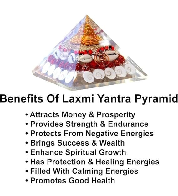 Crystal Laxmi Pyramid with Rudraksha Shree Yantra Natural Gomati Chakra White Kauri and Ratti Seeds for Vastu Money Wealth Good Luck, Success & Prosperity