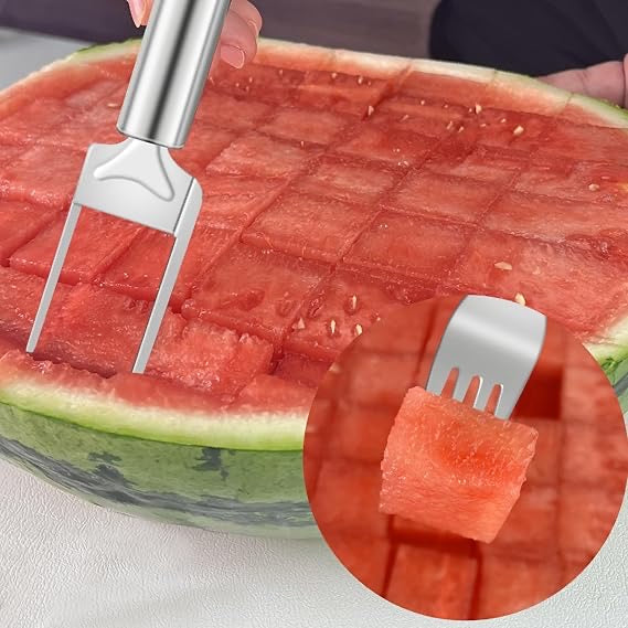 2-in-1 Watermelon Fork & Cutter | Stainless Steel Fruit Cube Slicer for Watermelon, Mango, Pear & More | Easy-to-Use Summer Kitchen Tool