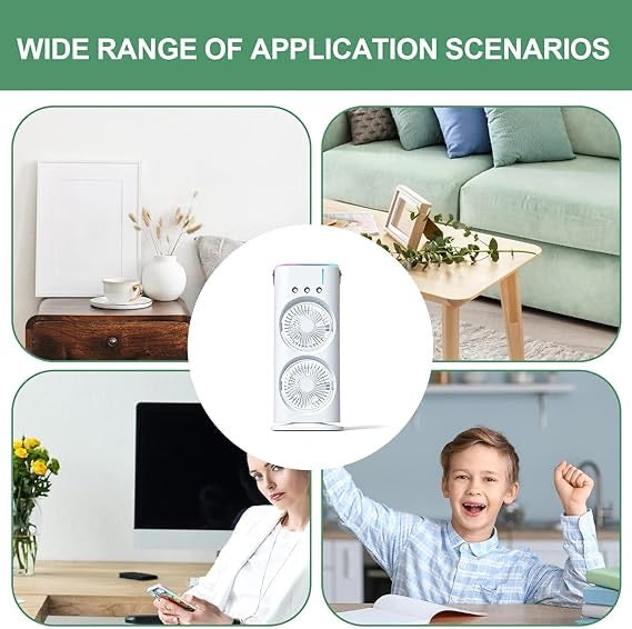3-in-1 Portable Mist Fan – Dual-Sided Air Cooler, Humidifier & LED Light | USB Rechargeable Mini Fan for Home, Office, Travel & Camping