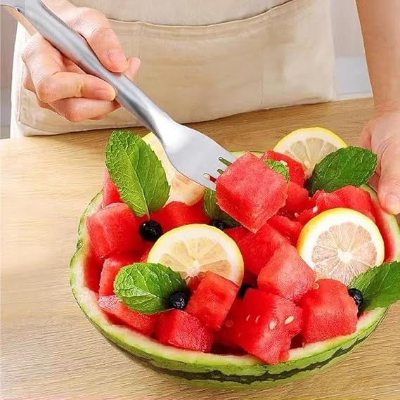 2-in-1 Watermelon Fork & Cutter | Stainless Steel Fruit Cube Slicer for Watermelon, Mango, Pear & More | Easy-to-Use Summer Kitchen Tool