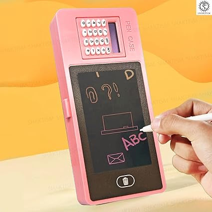LCD Writing Tablet Pencil Box with Calculator, Drawing Board Case with Erase Button and Calculator, Magic Storage for Stationery