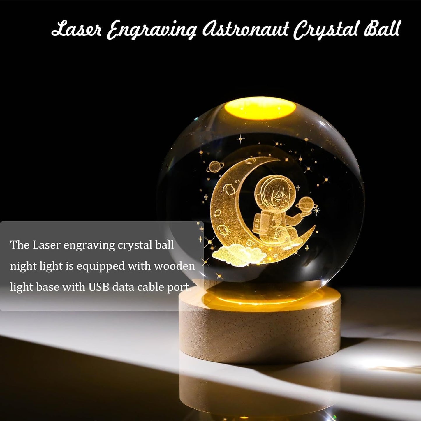 3D Astronaut Crystal Ball Night Lamp, Creative Engraved Crystal Ball Night Light, USB Table LED Wooden Crystal Ball for Home Decoration Birthday Gift for Teens, Boys, Girls